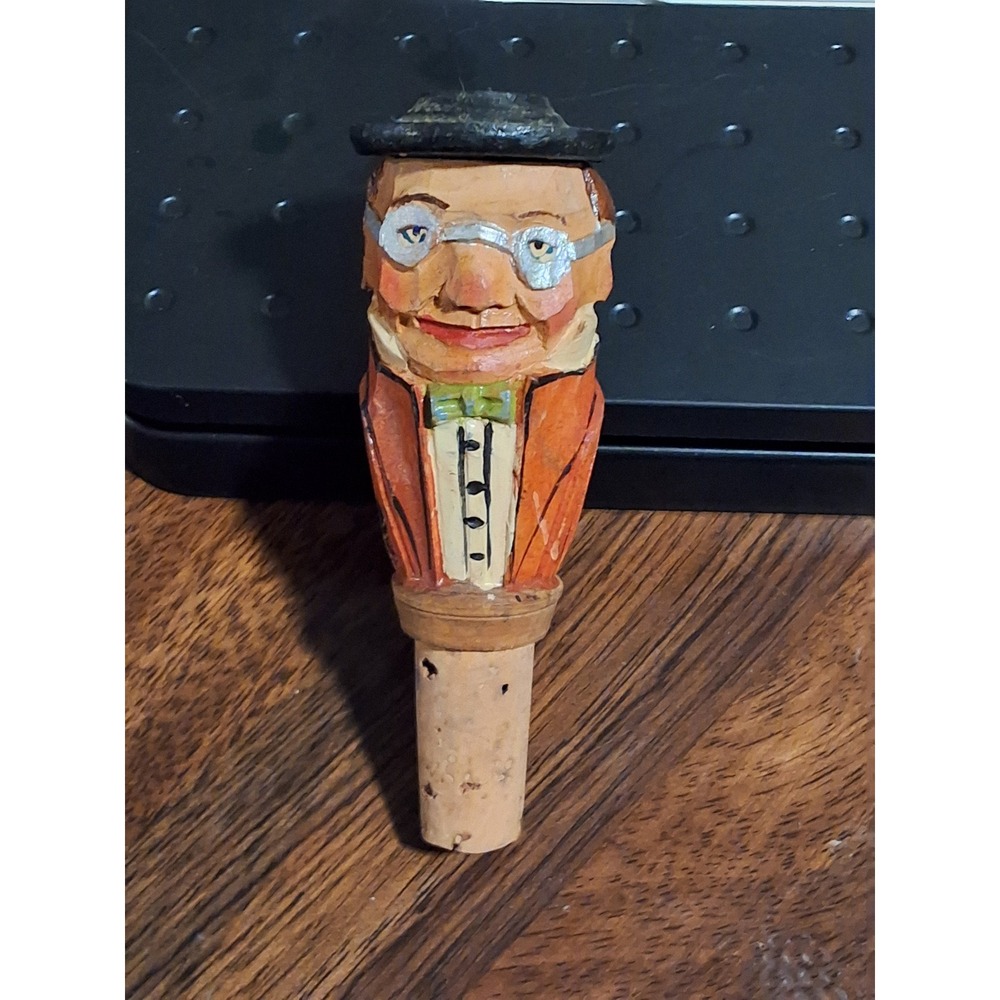 Vintage ANRI Hand Carved Wood Mechanical Bottle Stopper Pop Up Man Italy